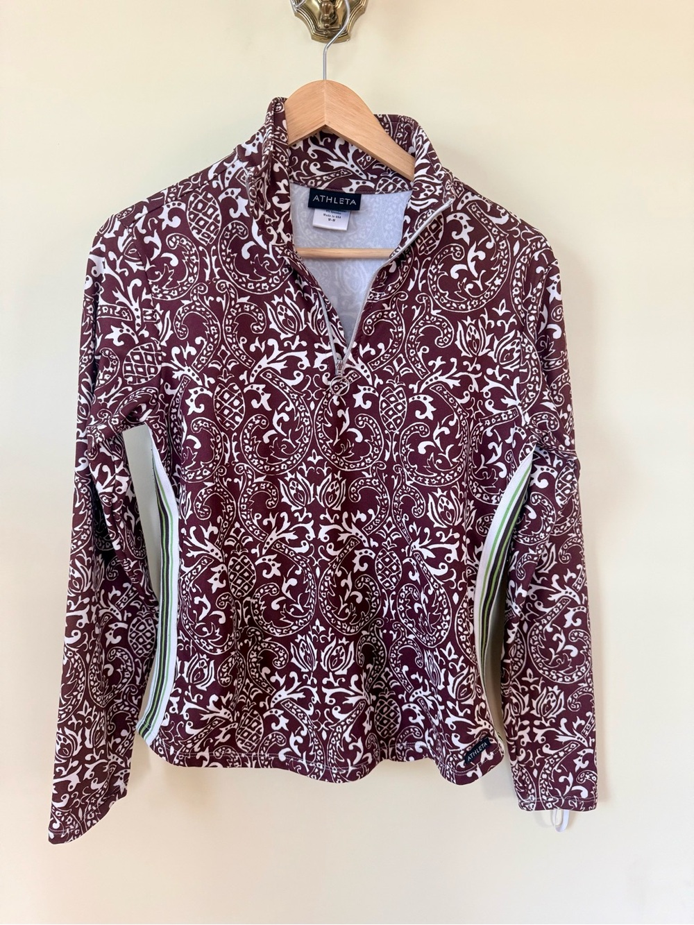 Athleta Women’s Brown & White Paisley Quarter-Zip Pullover with Side Stripes
